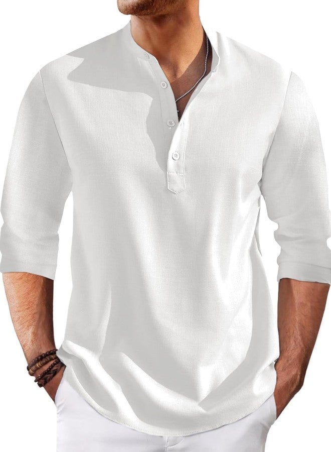 Runcati Mens Linen Henley Shirts Casual Lightweight 3/4 Sleeve Top Summer Beach Yoga Hippie T-Shirts White - Image 1